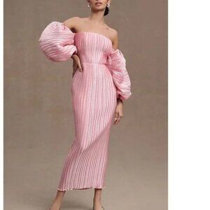 NWT - L'IDEE Sirene Off-Shoulder Puff-Sleeve Pleated Midi Column Dress